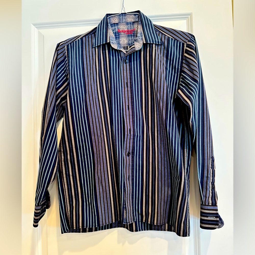 Boys size 16 dress shirt -ragazzo uomo- blue/green stripe button down shirt